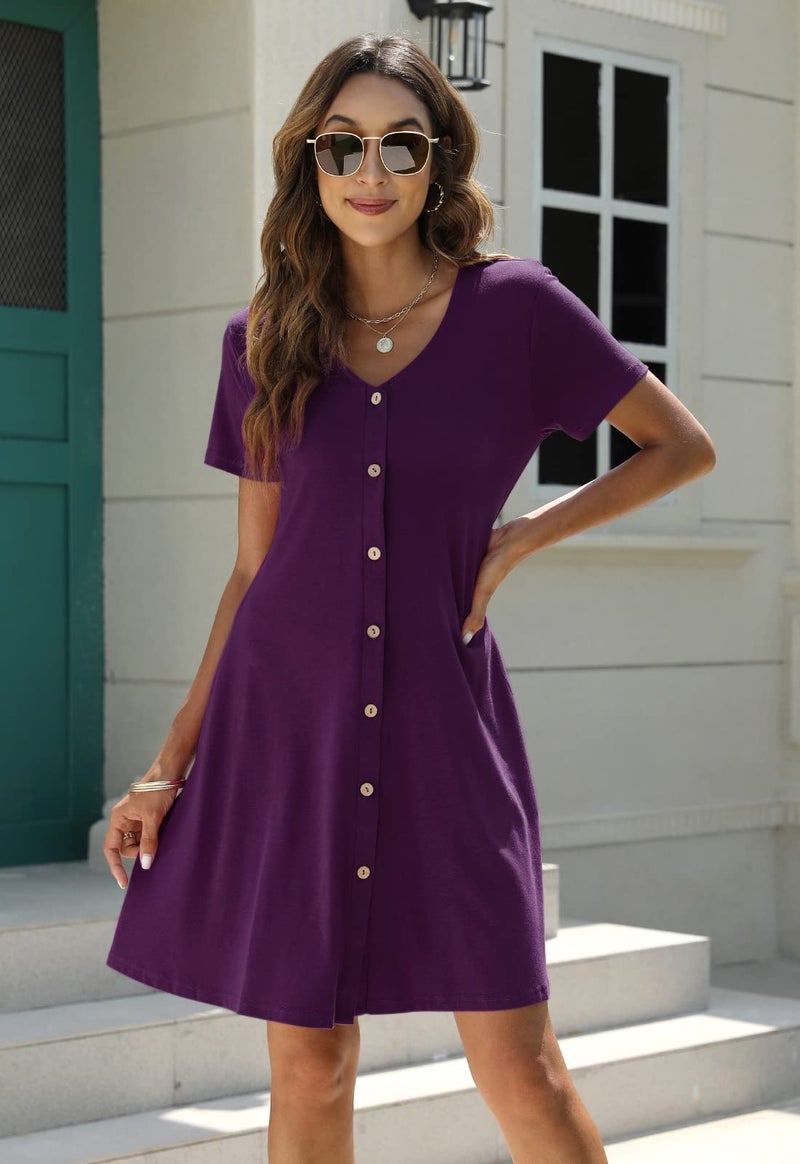 Manydress Women's Summer Casual T Shirt Short Sleeve Button Down Swing Dress with Pockets MY035 (Dark Purple, L) - Image 5